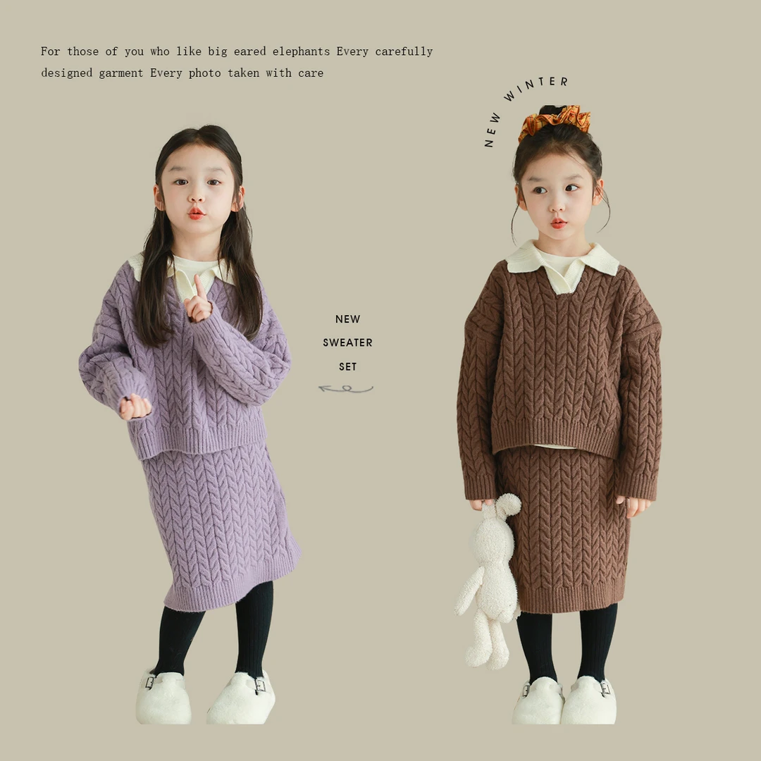 utouto大耳象女童撞色翻领麻花毛衣麻花毛线半裙2024冬季2408940