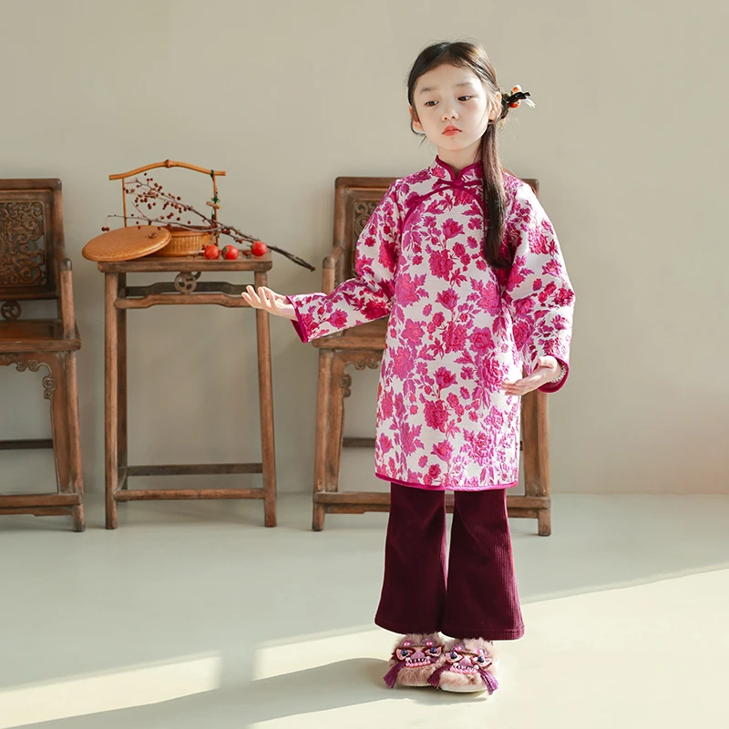 utouto大耳象女童刺绣大花旗袍裙2024冬季新款年服小女孩2410292