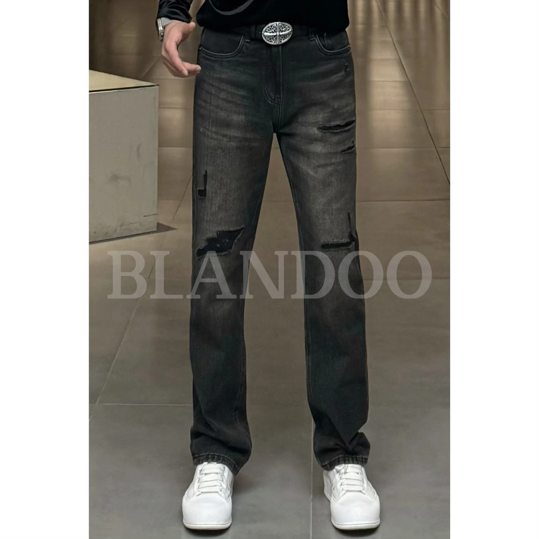 BLANDOO  “假破洞牛仔”  男士秋冬百搭直筒黑灰色牛仔裤85716