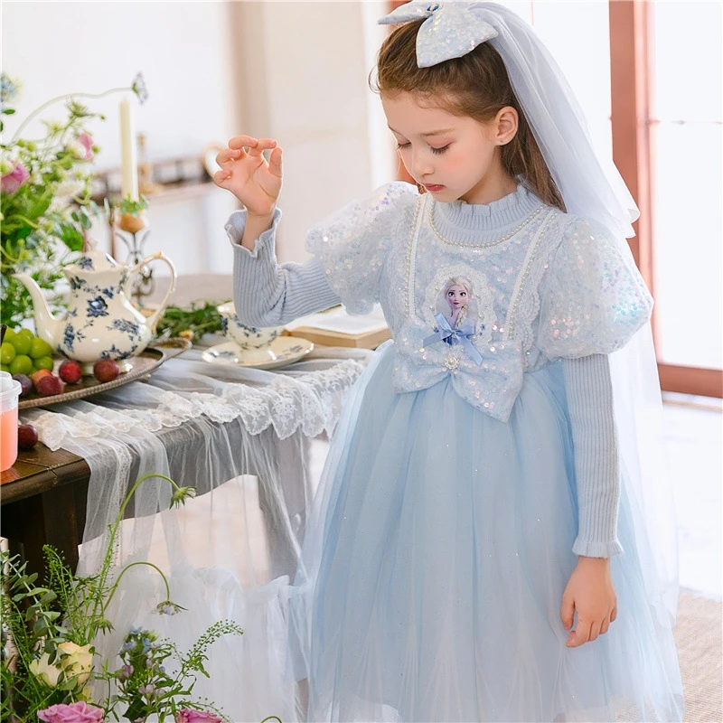 女童爱莎公主裙秋冬毛衣裙洋气礼服纱裙冰雪奇缘女孩艾莎连衣裙