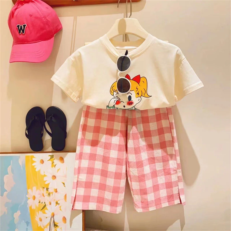 可爱时髦女童卡通女孩短袖打底衫棋盘格休闲裤两件套爆款夏装潮流