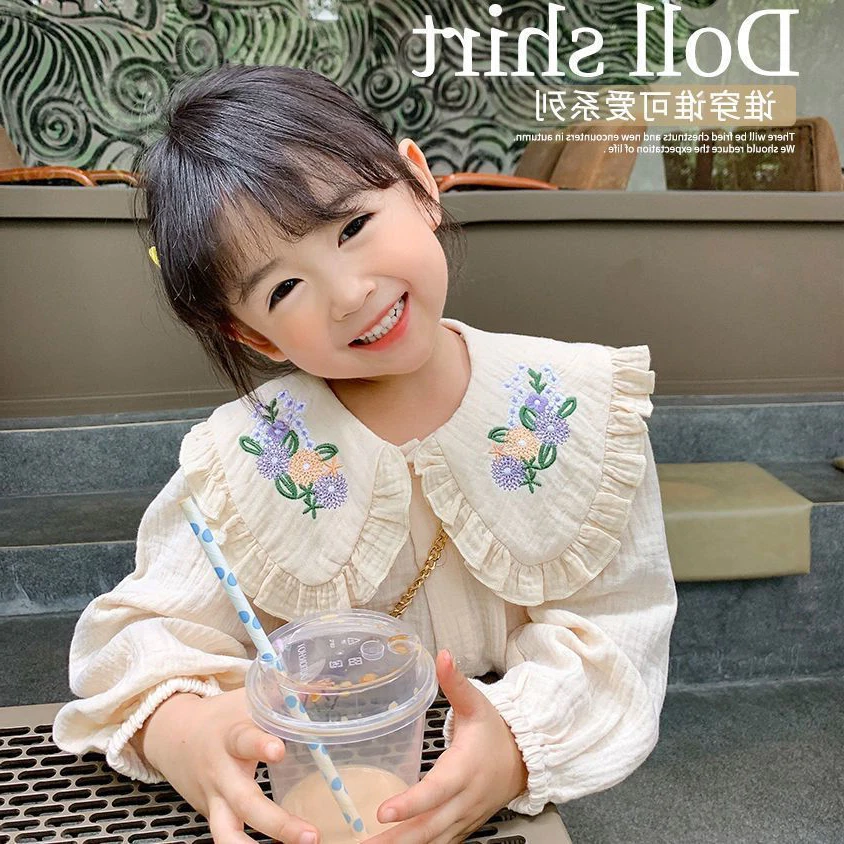 女童春装衬衫2023新款儿童宝宝韩版洋气翻领刺绣衬衣宽松长袖上衣