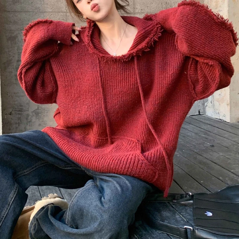 流苏连帽软糯毛衣女春秋外穿2024新款宽松慵懒风长袖针织衫上衣女