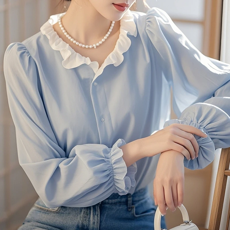 韩系木耳领打底衫衬衫女早秋薄款上衣时尚洋气女装气质蓝色衬衣