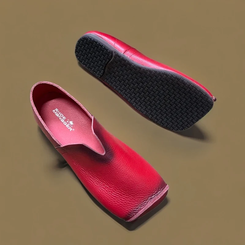 鞋掌柜软牛皮软底单层牛皮舒适方头平底酒红色妈妈鞋宝藏鞋吸汗鞋