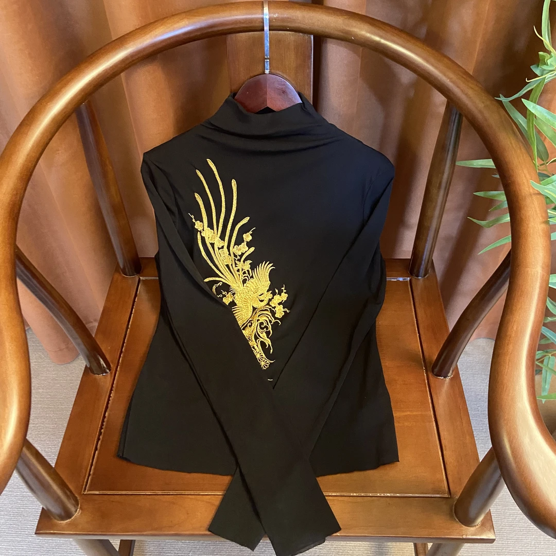 【凤飞】新中式刺绣百搭进口网纱半高领气质百搭打底显瘦时尚8819