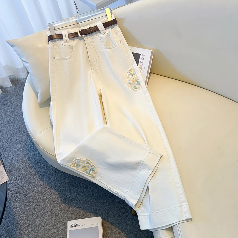 新中式阔腿牛仔裤女春秋2024年新款薄款小个子高腰白色裤子休闲裤