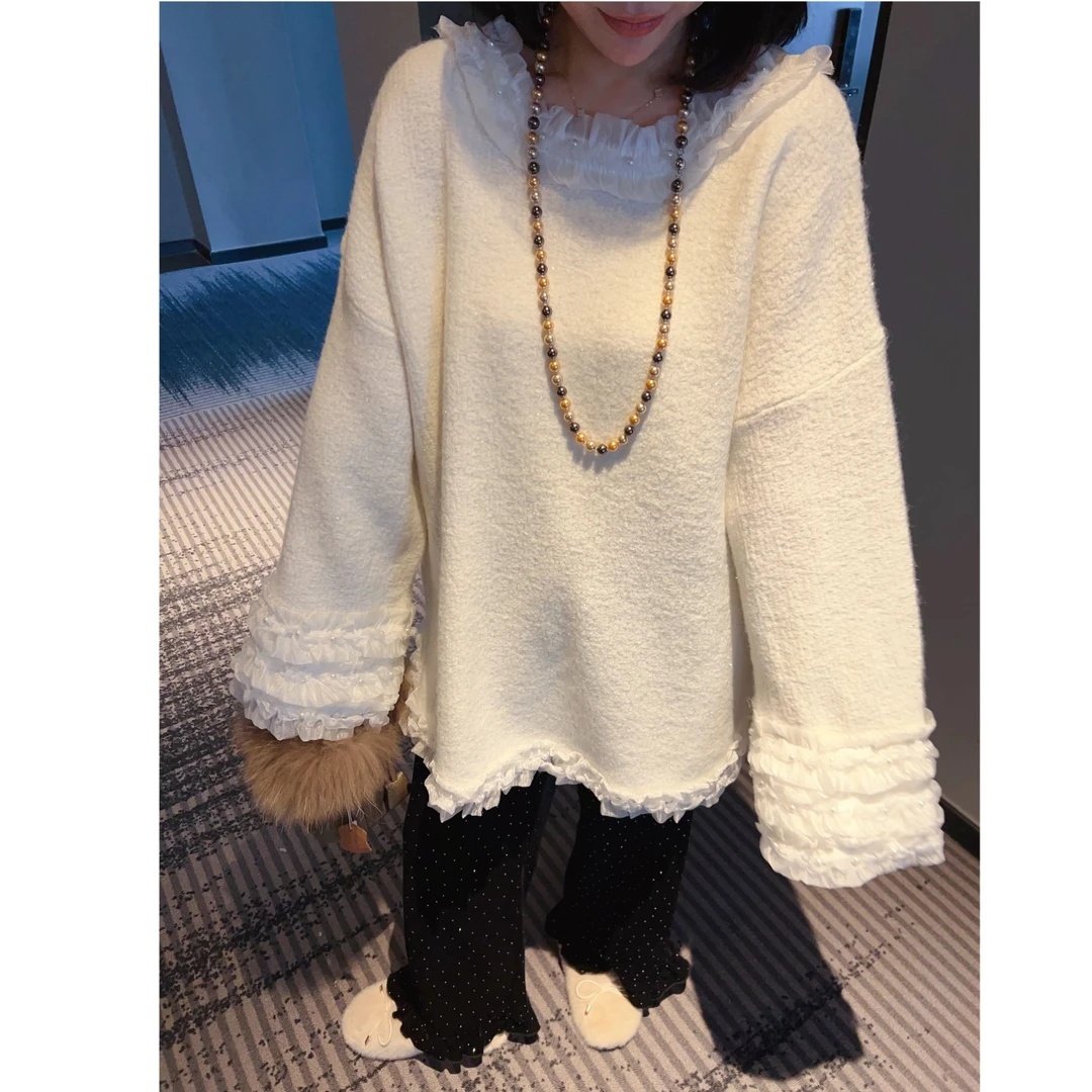 新款圆领加厚保暖打底衫女冬季韩版拼接蕾丝钉珠宽松遮肉长袖上衣