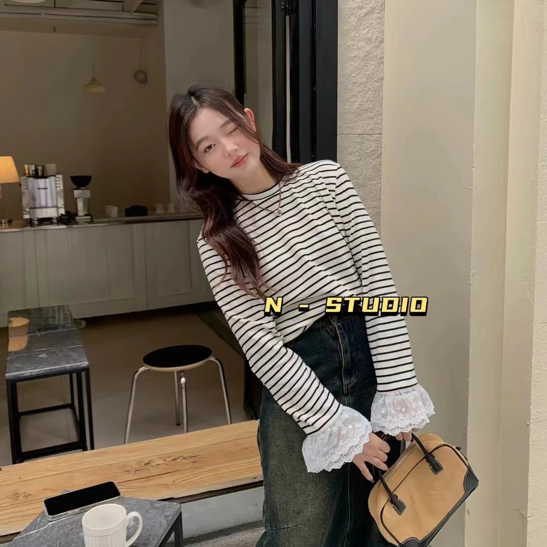 【蕾丝袖条纹】经典条纹冬季胖妹妹洋气上衣东大门新款打底衫