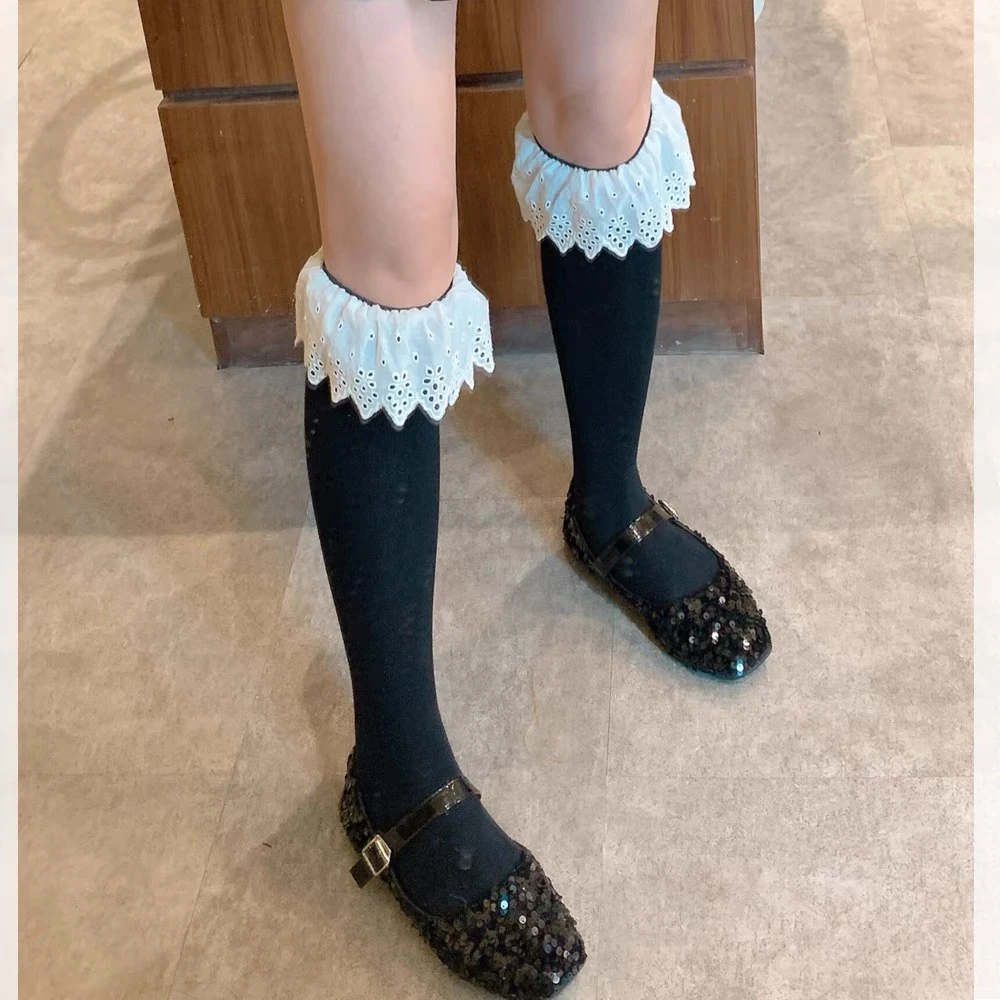 【蕾丝边袜】黑色中筒袜弹力大春秋