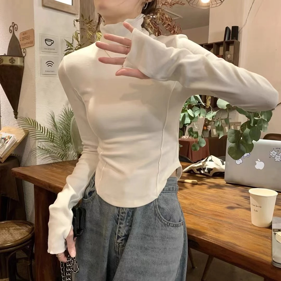 【德绒打底】韩系甜美高领绒打底衫设计款叠穿内搭长袖白色上衣