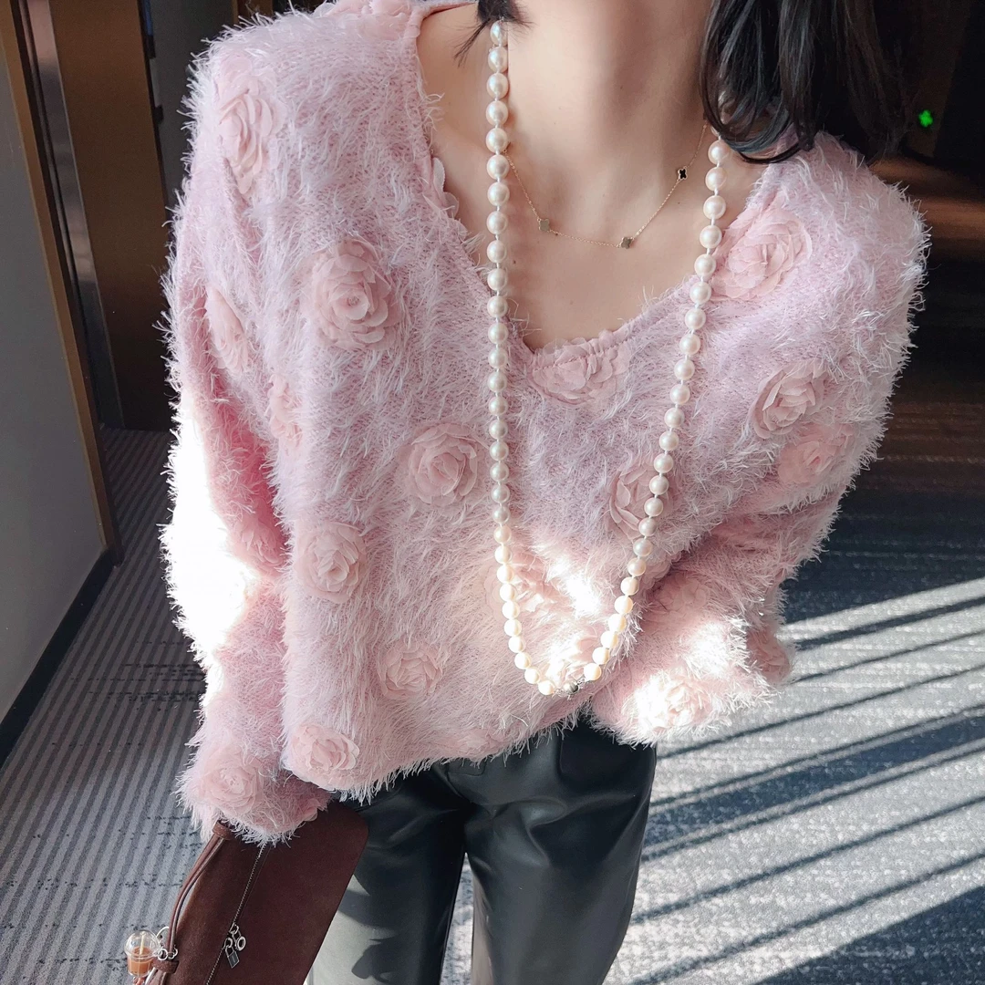 十三行高级感V领流苏毛衣长袖短款立体花朵女2024秋冬ins