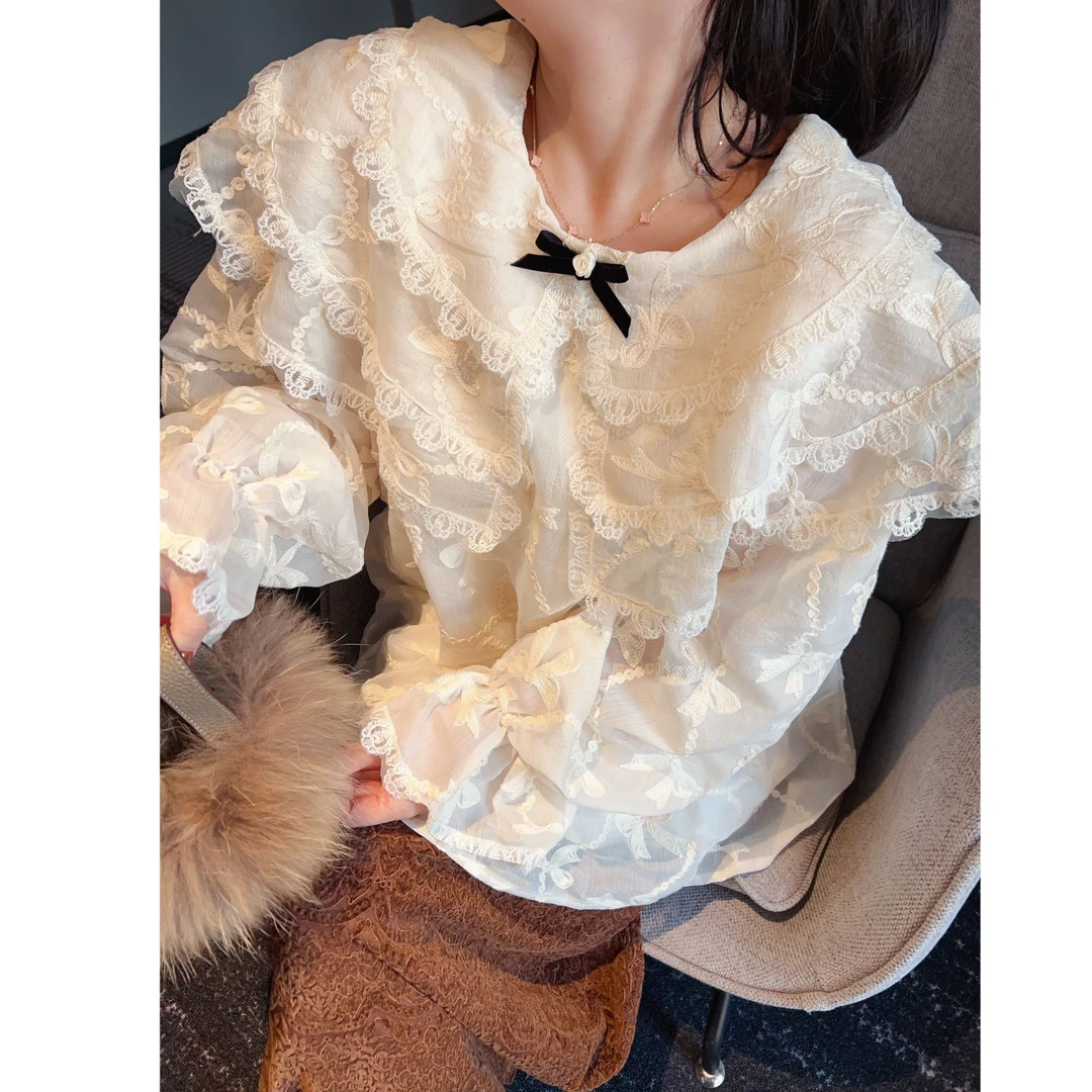 加绒打底衫女士圆领套头蝴蝶结重工勾花荷叶边大版蕾丝衫