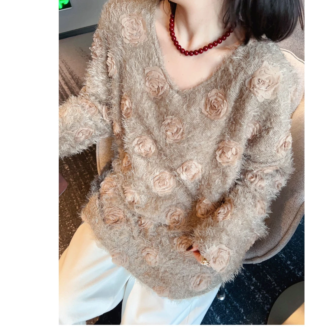 十三行加绒加厚针织上衣宽松立体花长袖绒毛衣