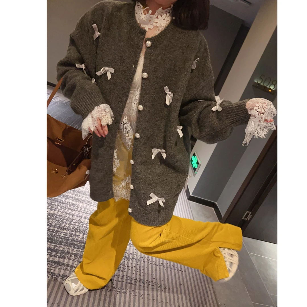 高级感深灰色加厚开衫外套重工蝴蝶结立体花朵毛衣