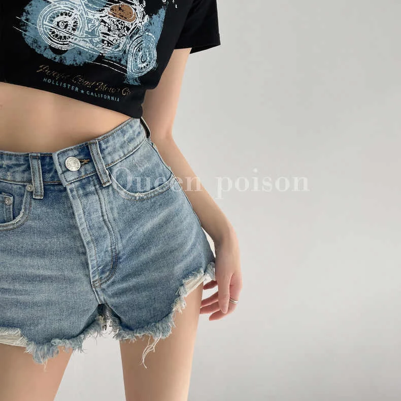 欧美风显腿长毛边破洞牛仔短裤女夏季复古高腰显瘦阔小个子牛仔裤