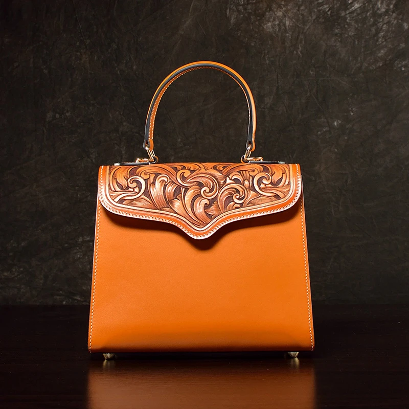 真皮女包牛皮手提包纯手工皮雕民族风单肩斜跨包凯莉欧美时尚气质