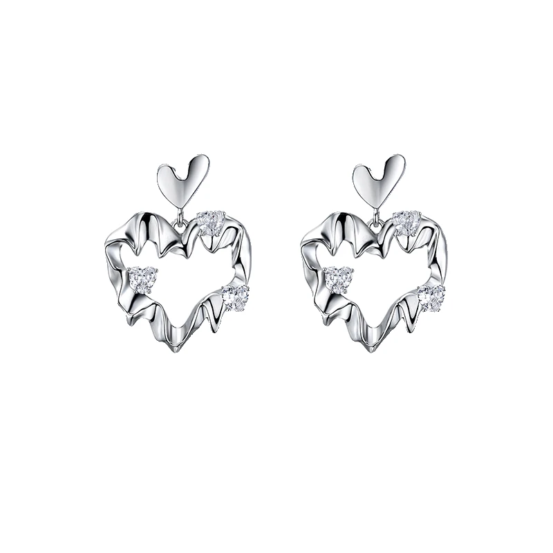 GlamEver 铜合金合成锆石耳饰 镂空褶皱甜心耳环 简约甜美ins耳钉