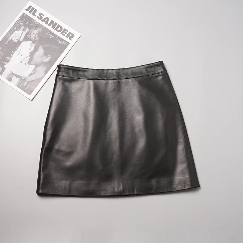2025秋冬新款时尚高腰显瘦皮裙A字裙短款绵羊皮真皮半身裙包臀裙