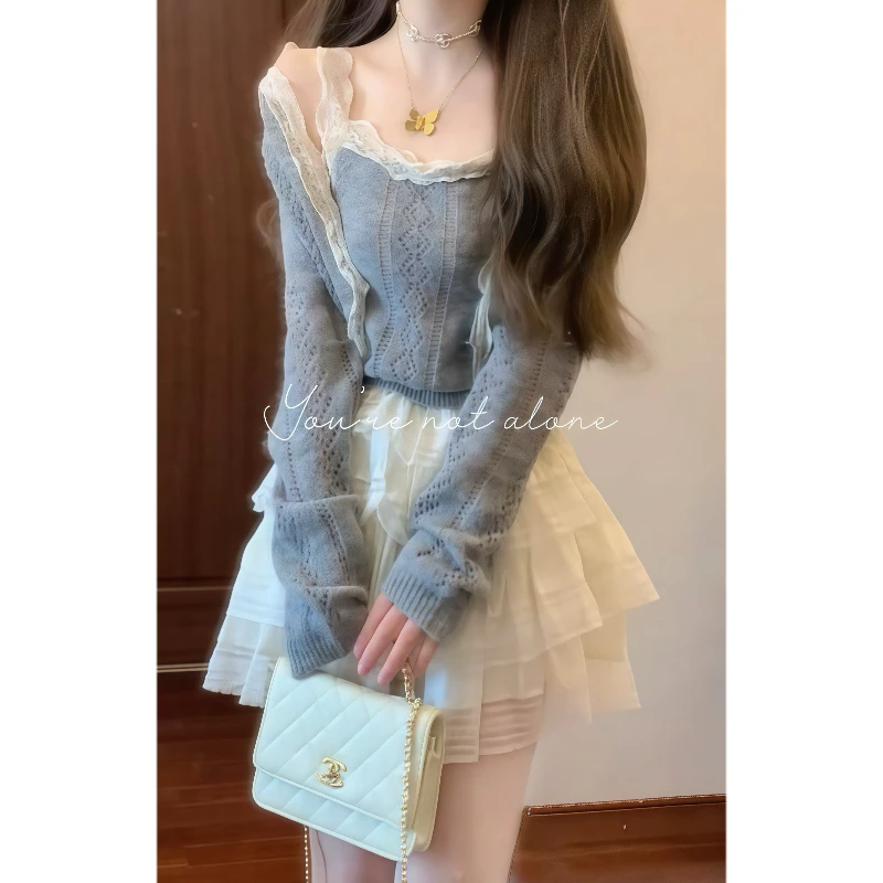 马海毛菱格吊带开衫&半身裙套装女秋季89065