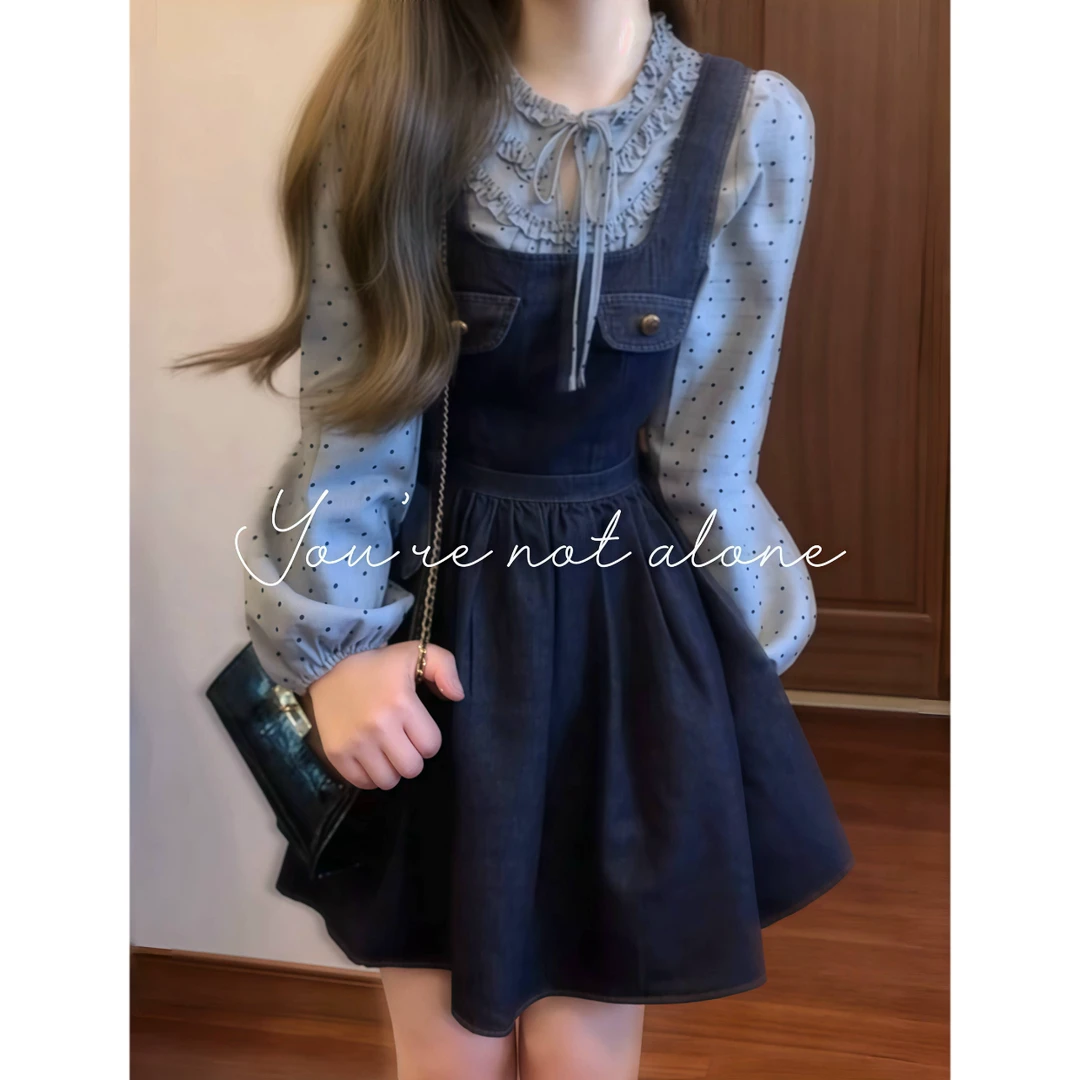 【古董千金】 波点花边系带衬衫&牛仔蝴蝶结背心连衣裙88856