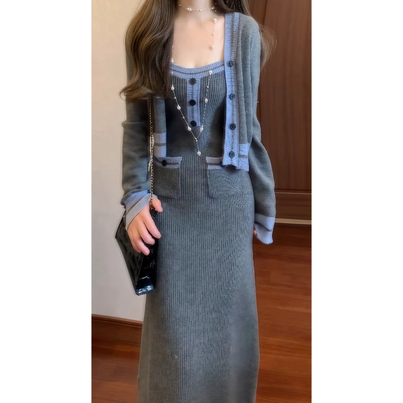 小香风套装女针织开衫外套&灰色毛衣吊带连衣裙89023