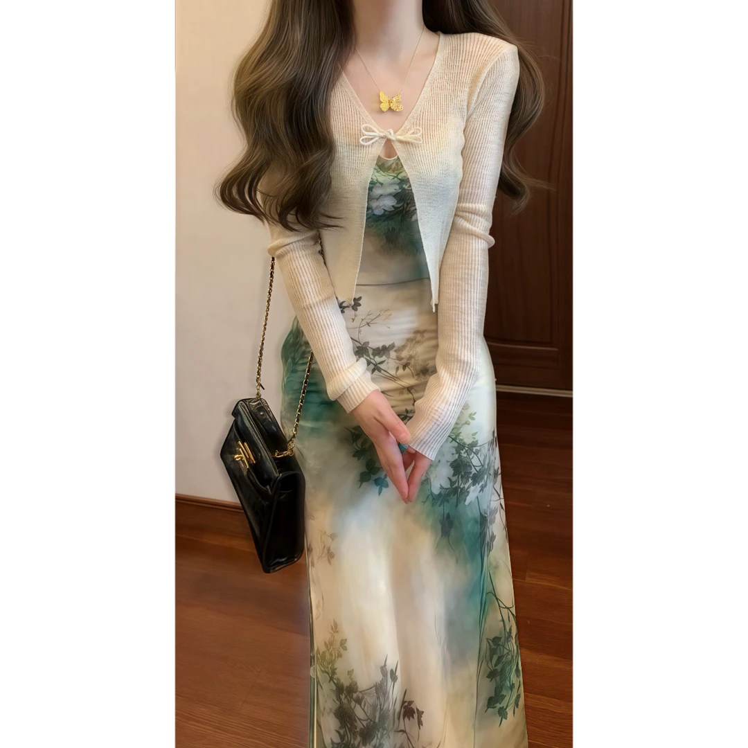 新中式国风复古油画吊带斜裁连衣裙气质长裙搭盘扣针织开衫88918