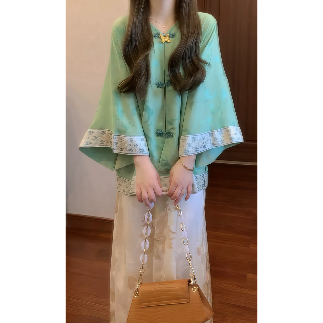 【青花鸾】新中式国风提花薄款衬衫上衣外套+半身裙套装裙88962