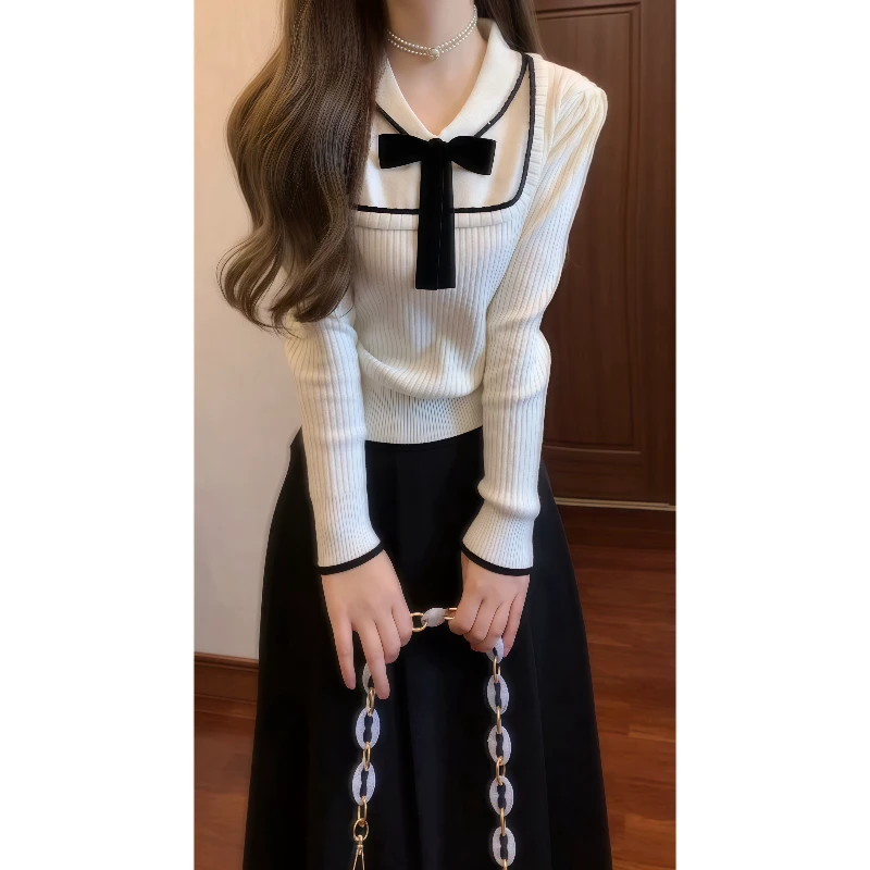 法式温柔娃娃领蝴蝶结甜美针织上衣&黑色百褶半裙秋冬套装裙89200