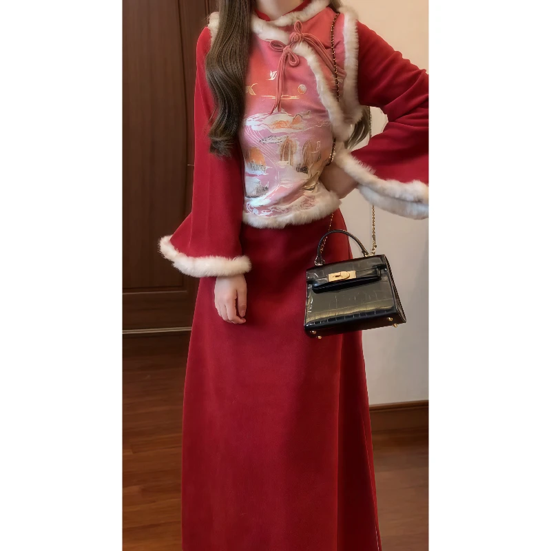 新中式国风红色织金提花夹棉毛毛马甲&加厚一体绒红色旗袍裙89219