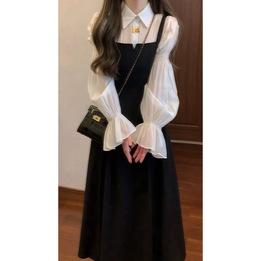 法式宫廷复古风灯笼袖衬衣+吊带连衣裙大摆长裙套装88927