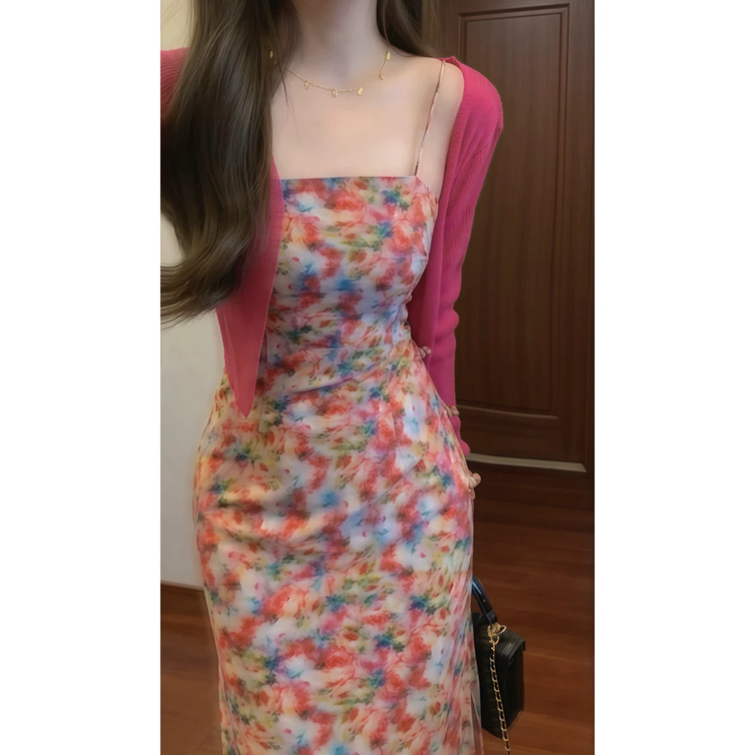 侧开衩盘扣温柔甜美油画吊带连衣裙气质长裙配针织开衫外套9031