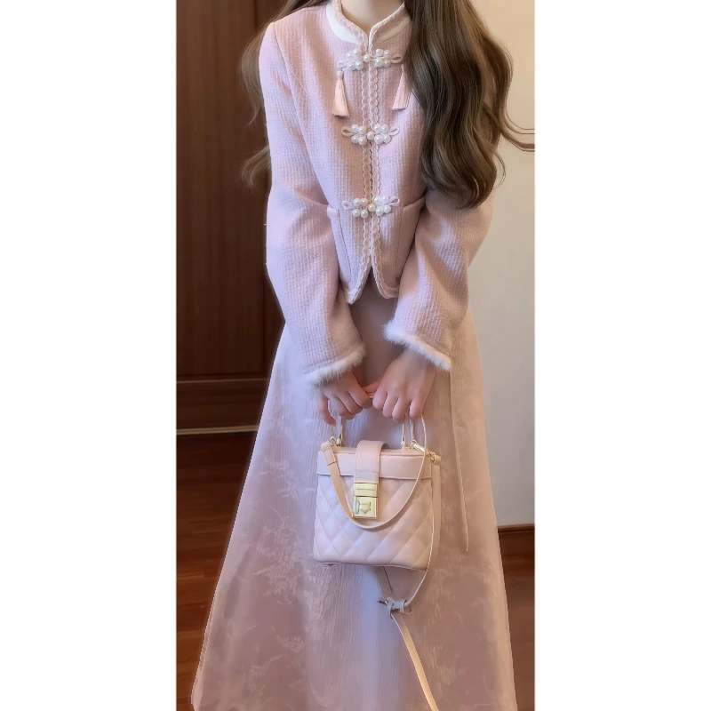 新中式立领盘扣夹棉短款外套&国风提花半身裙粉色小香风套装89266