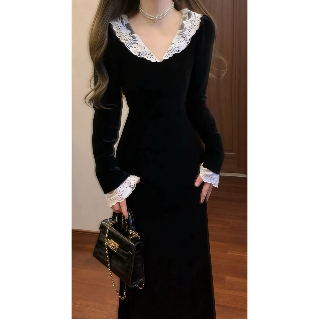 港风复古蕾丝花边拼黑色丝绒连衣裙收腰气质小黑裙礼服长裙9702