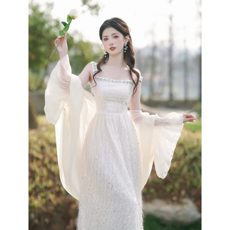 法式温柔甜美重工羽毛亮片氛围感蕾丝吊带连衣裙仙气搭配开衫6831