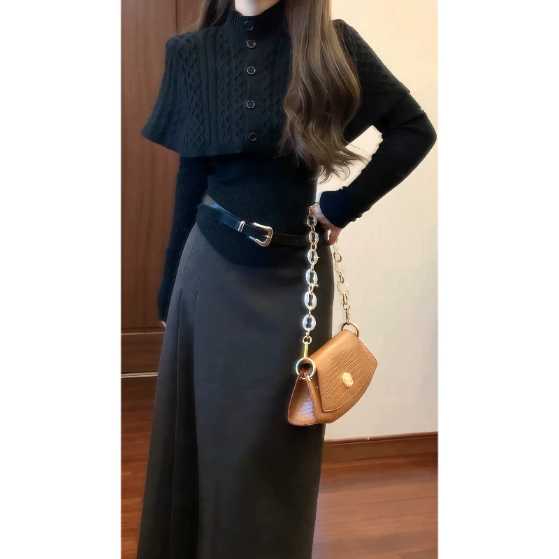 秋冬高级设计感半高领毛衣&斗篷披肩&呢料深灰色半身裙套装9701