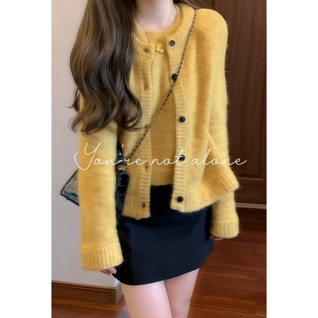 【温柔日落】黄色杂花针织两件套女设计感背心开衫+半身裙套装88910