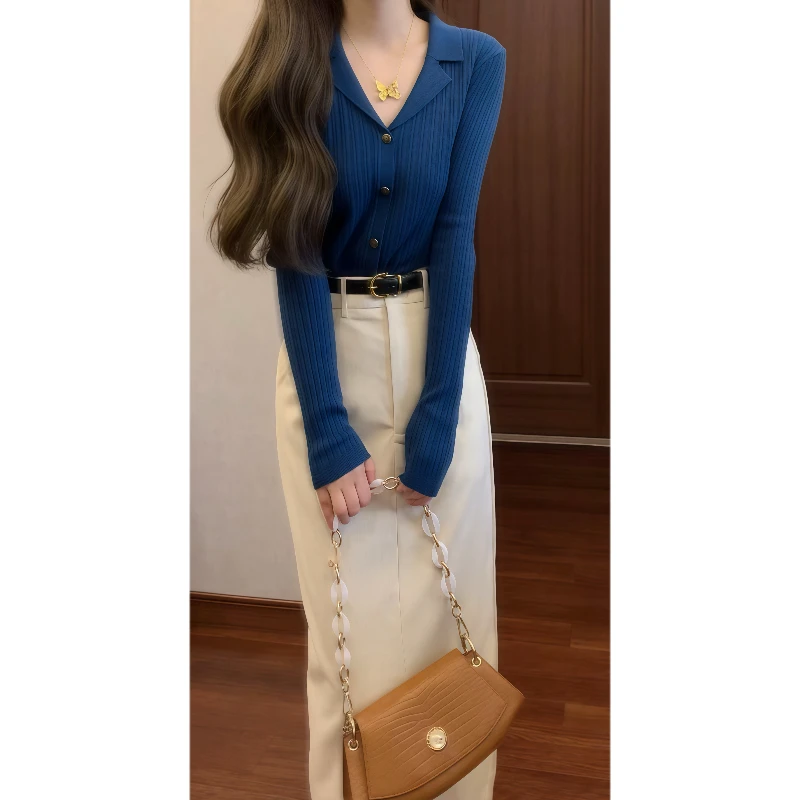 秋冬港风复古长袖针织开衫毛衣&灯芯绒半身长裙套装裙89268