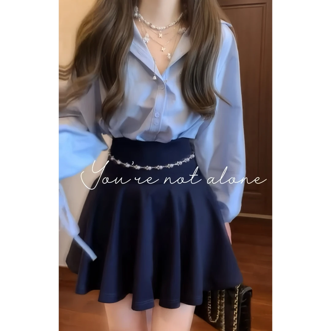 法式高级感衬衫甜美藏蓝半身裙高腰显瘦韩系a字裙短裙