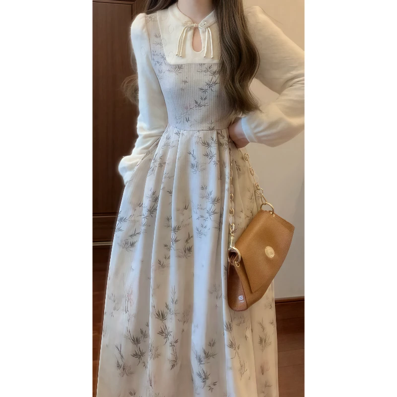 秋冬新中式国风复古立领盘扣假两件碎花连衣裙气质修身长裙89165