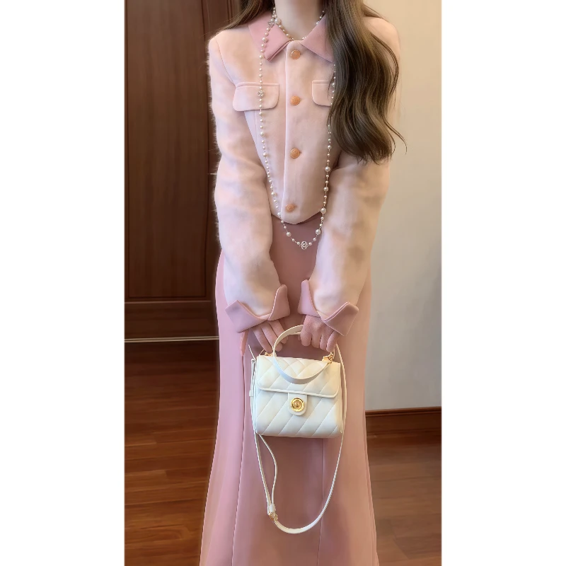 秋冬千金风公主甜心樱花粉短款外套&高腰半身裙小香风套装裙89270