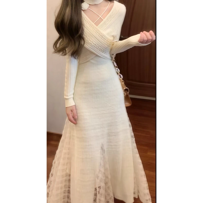 法式温柔百搭针织罩衫&网纱拼接针织毛衣吊带连衣裙气质长裙89014
