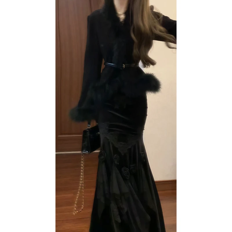 千金风贵气感冬季毛毛外套&立体花朵丝绒鱼尾裙修身半裙89370