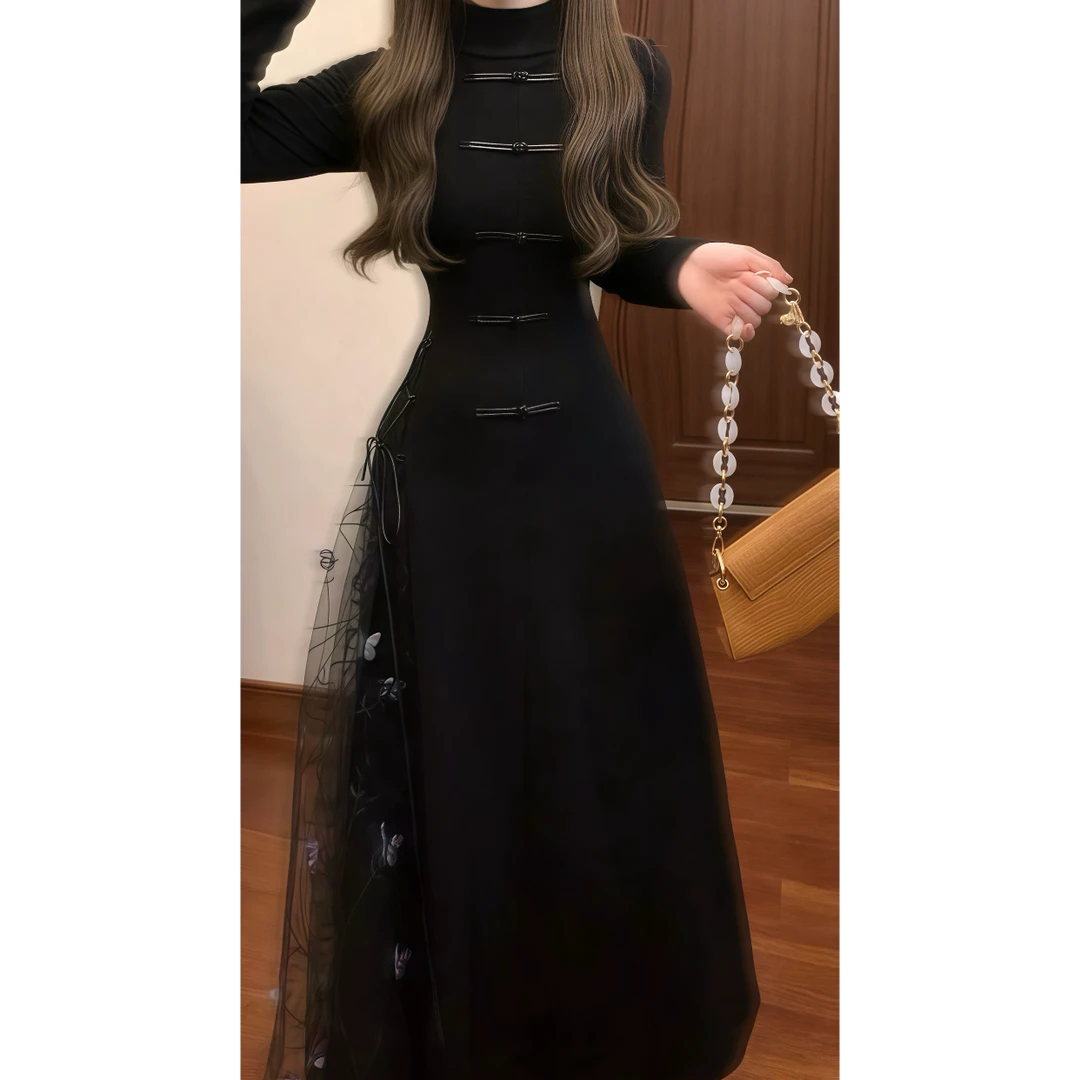 新中式国风网纱拼接立体蝴蝶装饰改良旗袍连衣裙高级感长裙88938