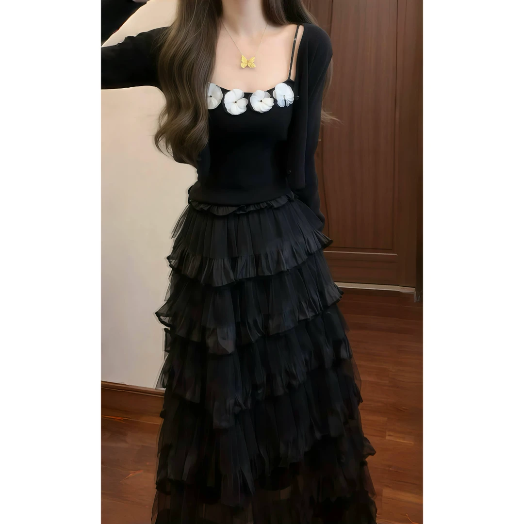 法式温柔花朵装饰吊带+开衫+荷叶边蓬蓬多层蛋糕半身裙88915