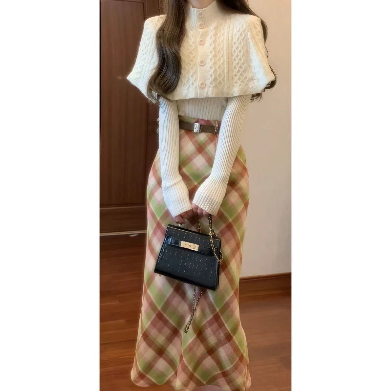 秋冬季针织毛衣斗篷披肩上衣两件套&毛呢格子半身裙套装裙89214