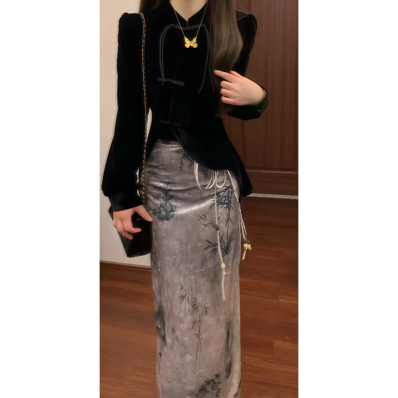 【芙蓉少女】新中式国风清冷感气质绝美上衣&高腰抽绳半裙套装89256