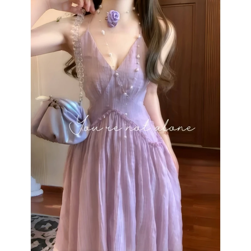 法式浪漫温柔紫色吊带连衣裙露背收腰海边旅游度假长裙5223