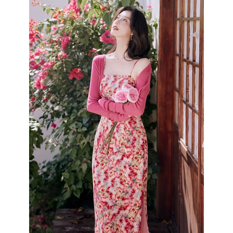 法式温柔甜美油画印花吊带连衣裙海边度假长裙配防晒针织开衫9031