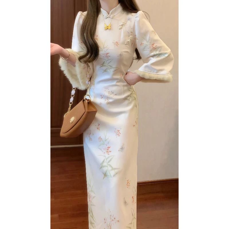 新中式国风立领盘扣改良旗袍连衣裙毛毛拼接厚款加绒长裙89113